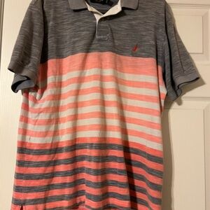 Nautica Men's Gray and Pink Striped Polo Shirt